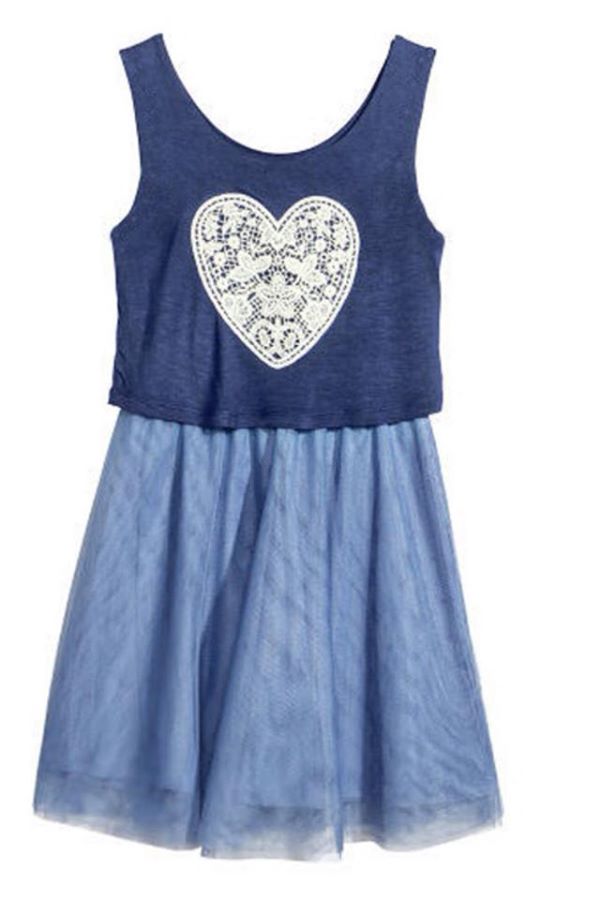 Đầm H&M, hàng xuất , made in cambodia, màu xanh họa tiết tim ren.