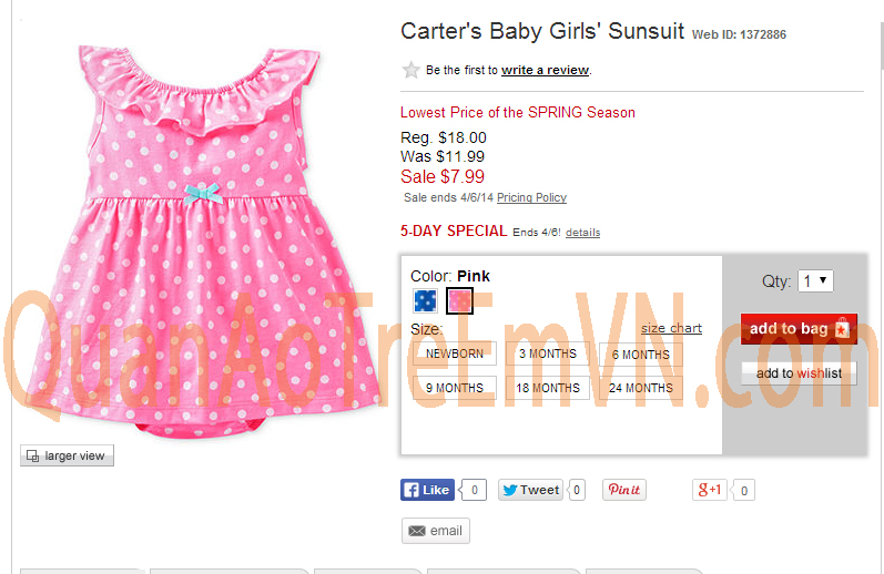 Carter's Baby Girls' Sunsuit, hàng xuất xịn, made in Cambodia, màu hồng.