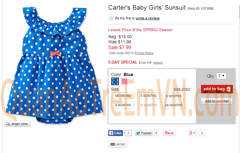 Carter's Baby Girls' Sunsuit, hàng xuất xịn, made in Cambodia, màu xanh.